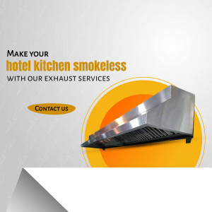 Stainless steel kitchen exhaust hood with a yellow and gray background and text promoting smokeless kitchens.