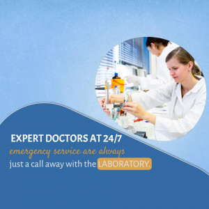 Image of doctors working in a laboratory with text promoting 24/7 emergency services.