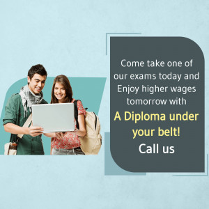 Students with laptop promoting diploma program for higher wages