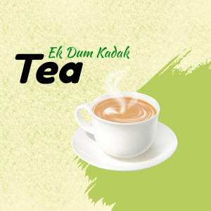 A cup of hot tea with the text 'Ek Dum Kadak Tea'