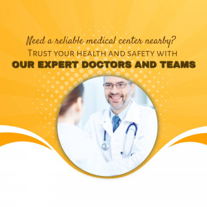 Doctor and patient consultation with text promoting a medical center