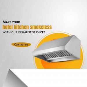 Stainless steel kitchen exhaust hood with a yellow and white background and text promoting smokeless kitchens.