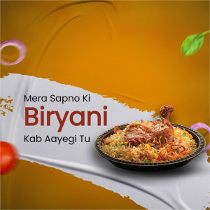 A vibrant image of Biryani with chicken, garnished with tomatoes and mint leaves.