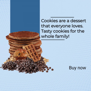 A stack of cookies with chocolate chips, waffles, and a muffin, promoting a dessert.