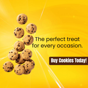 Falling chocolate chip cookies with text promoting a treat for every occasion.
