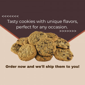 Pile of freshly baked chocolate chip cookies with text overlay promoting online ordering.