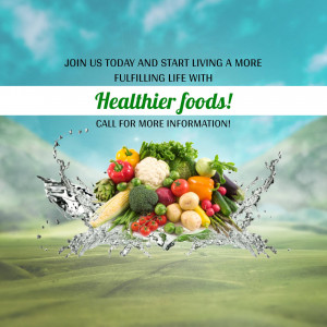Image of fresh fruits and vegetables with a water splash and text promoting healthier living.