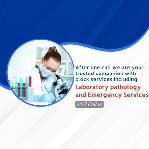 Scientist working in a laboratory with text promoting 24/7 pathology and emergency services.