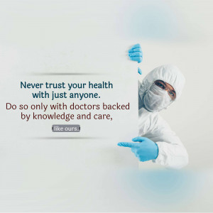 Doctor pointing to text about trusting health with knowledgeable professionals