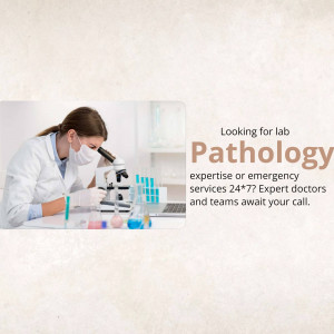 Scientist working in a pathology lab with text promoting emergency services.