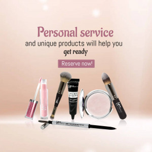Makeup products arranged with text 'Personal service and unique products will help you get ready'