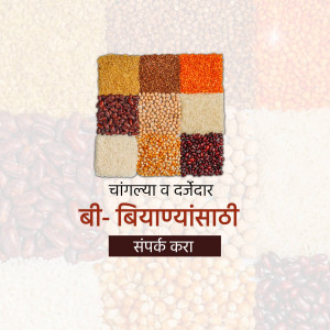 A colorful grid of different pulses and grains with text in Marathi.