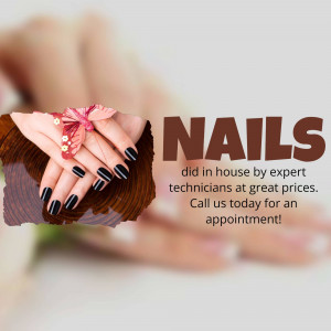 Close-up of hands with dark nail polish and a flower, advertising nail services.