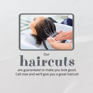 Woman receiving a haircut at a salon with text promoting haircuts.