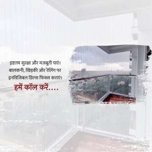 Glass railing for balcony safety with text in Hindi