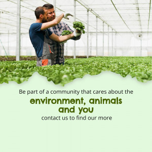 Farmer inspecting lettuce in a greenhouse with text promoting environmental awareness.