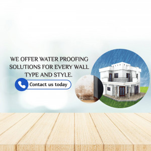 Image depicting a house protected by waterproofing solutions with rain falling and contact information.
