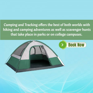 A green and gray camping tent on a light blue and white background with text promoting camping and tracking adventures.