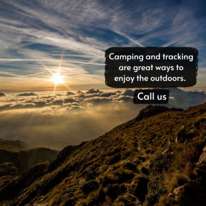 Scenic view of mountains with text overlay promoting camping and tracking.