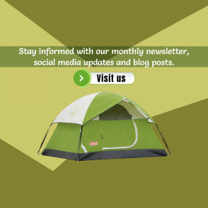Image of a green camping tent with a call to action for a newsletter