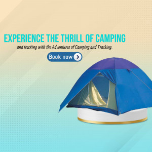 A blue and purple tent on a white platform with text promoting camping and tracking.