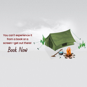 Illustration of a camping scene with a tent and campfire