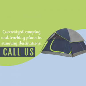 A blue and gray camping tent with text overlay promoting customized camping and trekking plans.