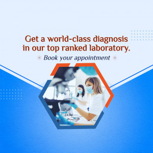 Image of a medical laboratory with a doctor and text promoting diagnostic services.