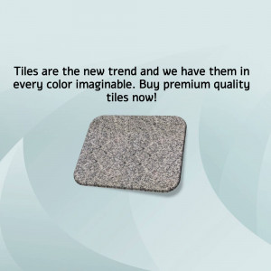 Close-up of a gray speckled tile with text promoting tiles as a new trend.