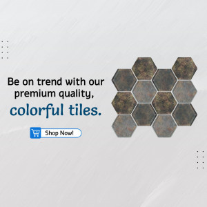 Close-up of colorful hexagon-shaped tiles with promotional text.