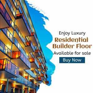 Modern apartment building with balconies and a call to action to buy now.