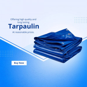Blue tarpaulin stacked with text advertising reasonable prices and a buy now button.