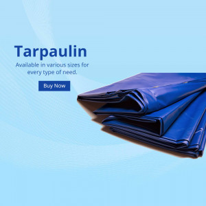 Folded blue tarpaulin with text overlay promoting various sizes.