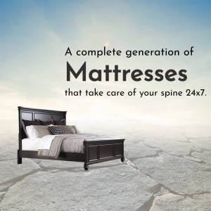A bed with a mattress on a cracked earth background with text promoting spine care.