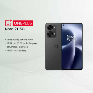 OnePlus Nord 2T 5G smartphone in gray color with specifications