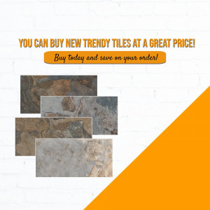 Image showcasing a variety of trendy tiles with a promotional message.
