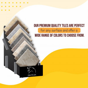 Display of various Pantera premium quality tiles in different colors and textures.