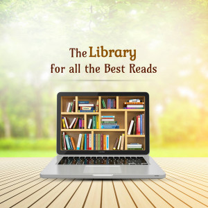 Laptop displaying a bookshelf with books, representing an online library.