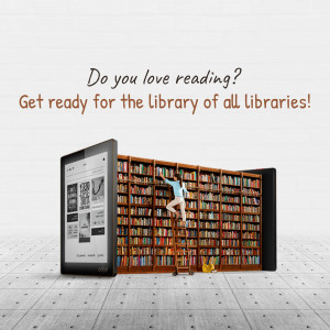 A digital Kindle device transforming into a massive bookshelf filled with books.