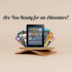 Tablet displaying digital magazines with stacked print magazines