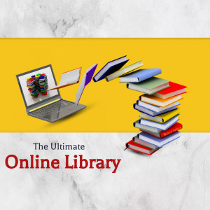 Laptop displaying a stack of books with more books flowing towards it, over a yellow and white background.