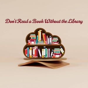 Bookshelf shaped like a cloud with books on a stack of books