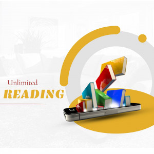 Stack of books falling onto a smartphone with the text 'Unlimited Reading'