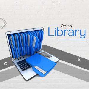 Laptop displaying a digital library with blue folders and a book