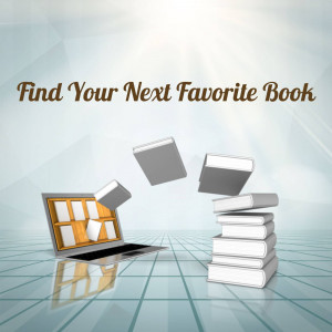 Image of books flying out of a laptop screen with the text 'Find Your Next Favorite Book'