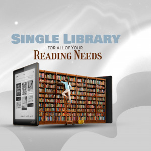 Digital library concept with a woman reaching for books on a virtual bookshelf displayed on a tablet.