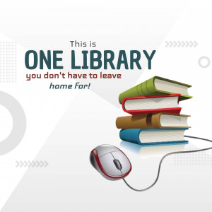 Stack of books with a computer mouse and cable, representing online library access.