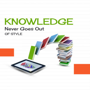 Stack of books falling from a tablet with the text 'Knowledge Never Goes Out of Style'