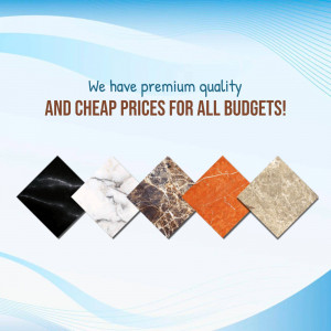 Assortment of marble and tile samples with promotional text