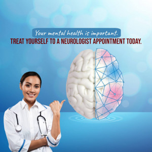 Image of a doctor pointing to a brain illustration with text promoting mental health and neurologist appointments.